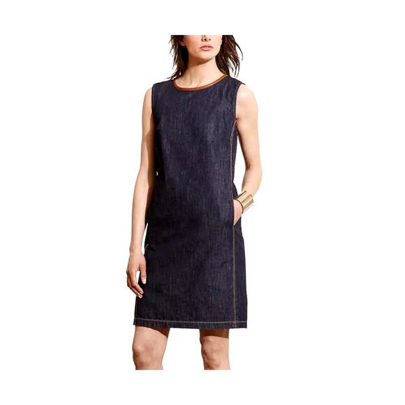 Ralph Lauren Dianva Women's Dark Wash Denim Shift Sheep Leather Trim Dress 10 - Picture 2 of 11